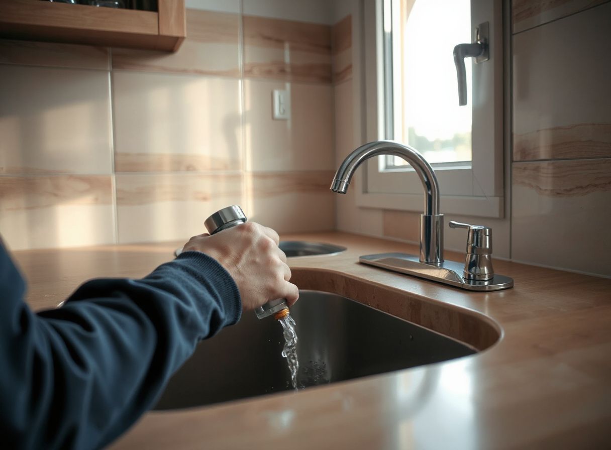 Mano reparando fuga de agua en grifo de cocina