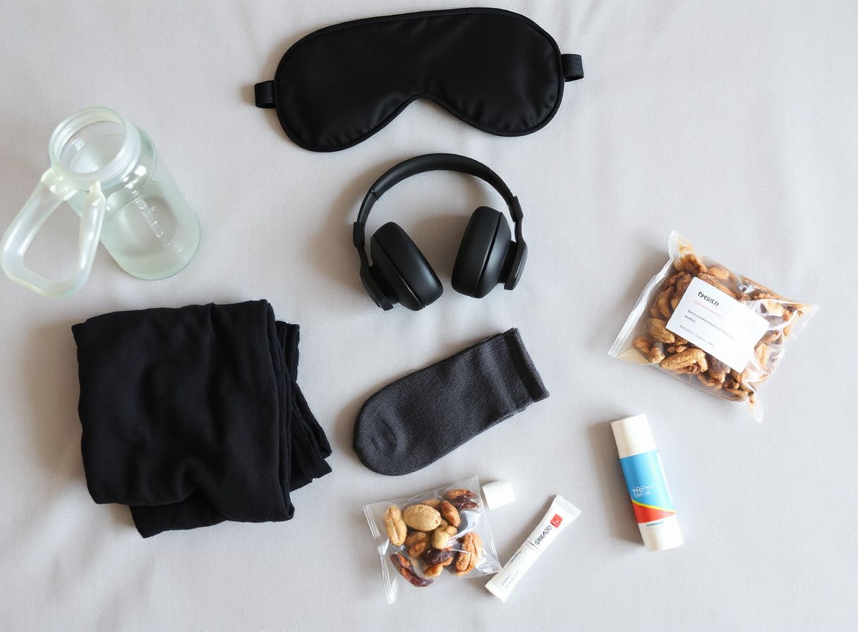 Artículos de viaje para vuelos largos: botella, antifaz, auriculares, almohada y snacks