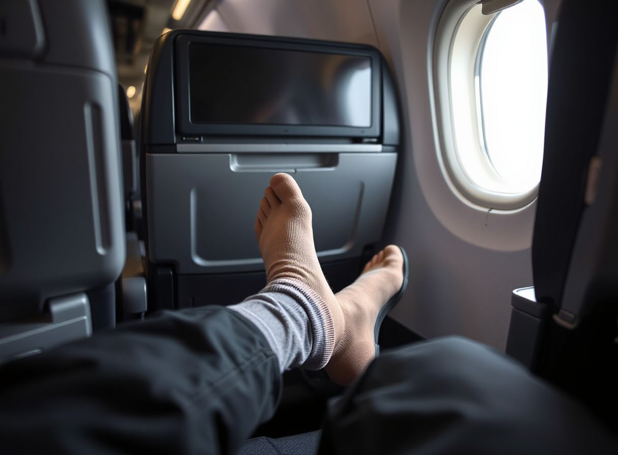 Pasajero haciendo ejercicios de tobillo sentado en su asiento del avión