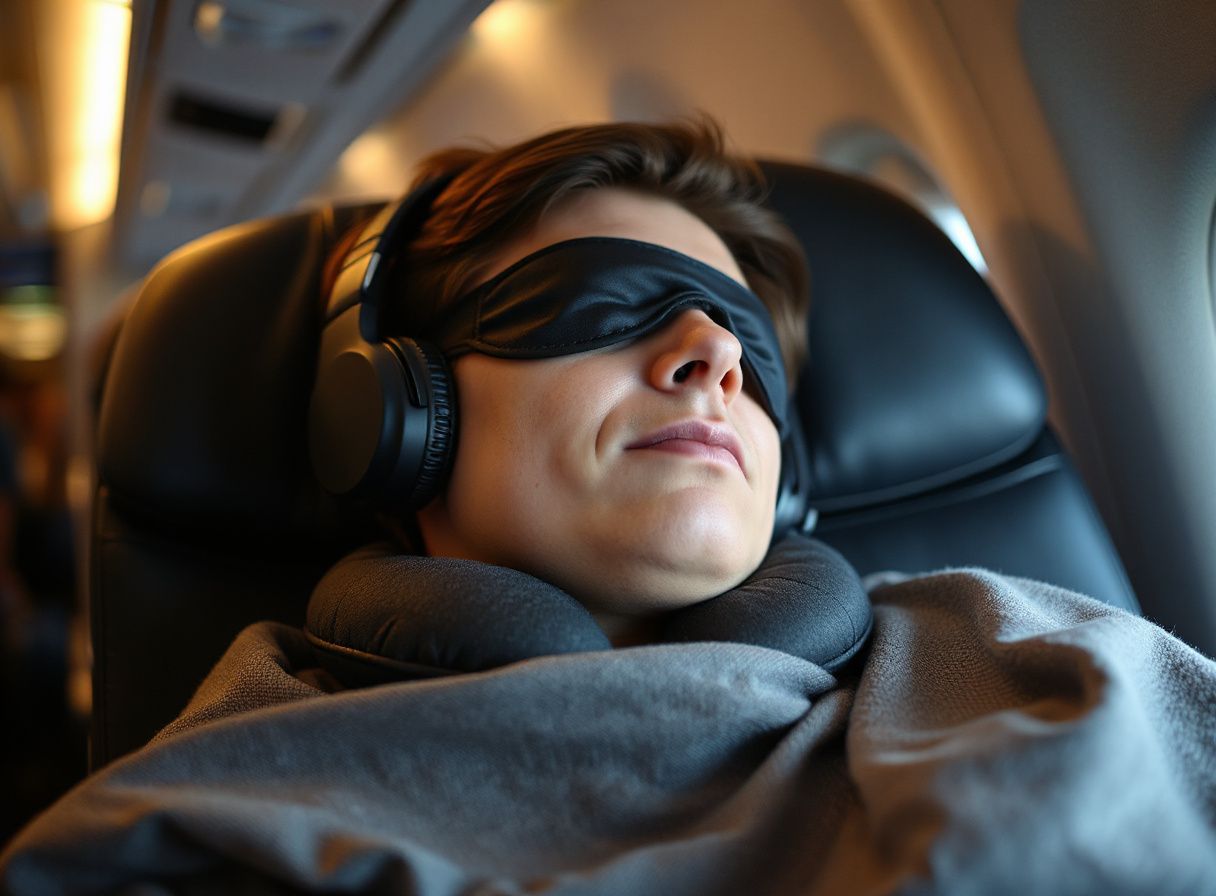 Viajero durmiendo con antifaz, auriculares y almohada cervical en un avión