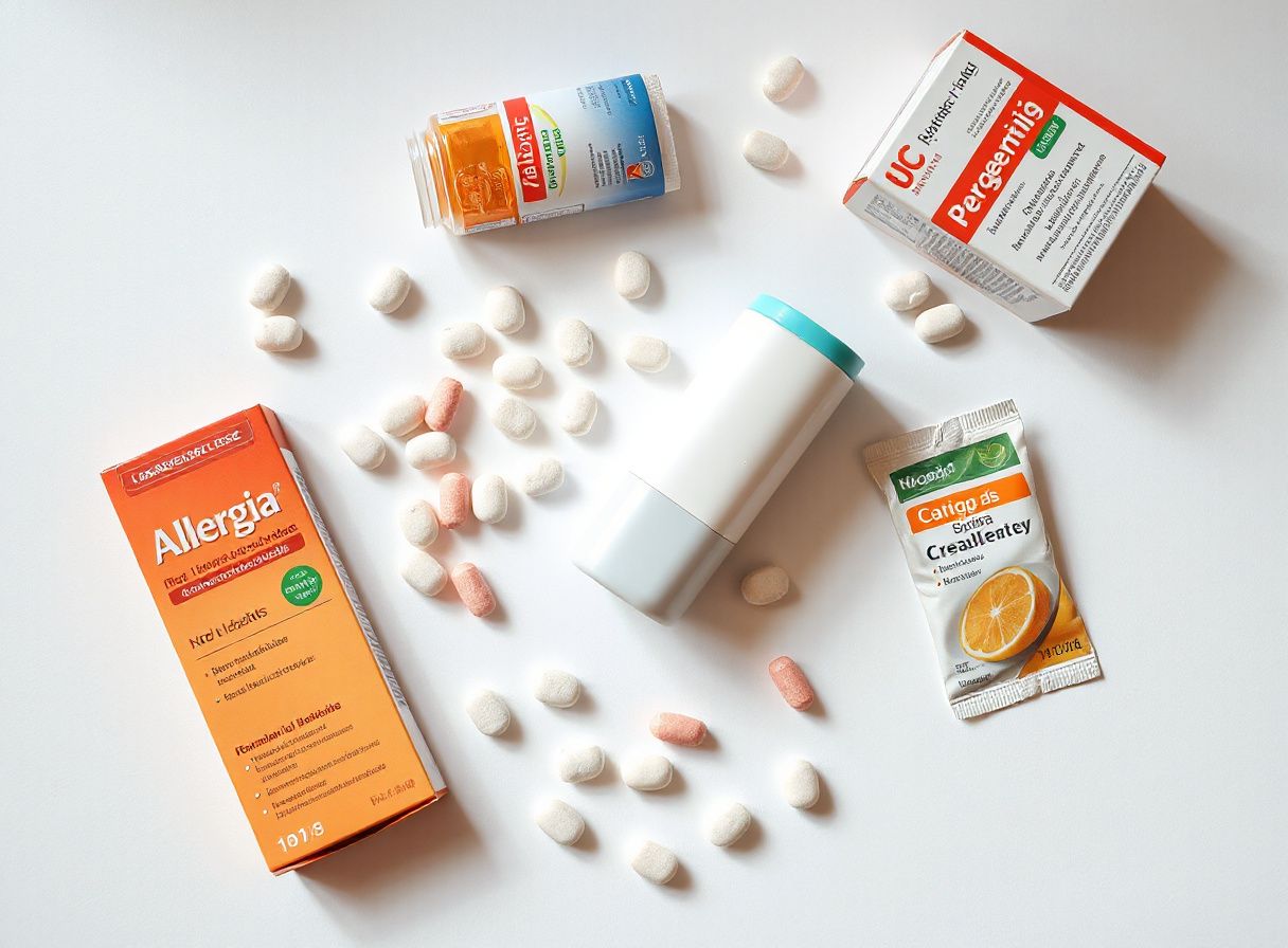 Medicamentos para alergias sobre superficie blanca