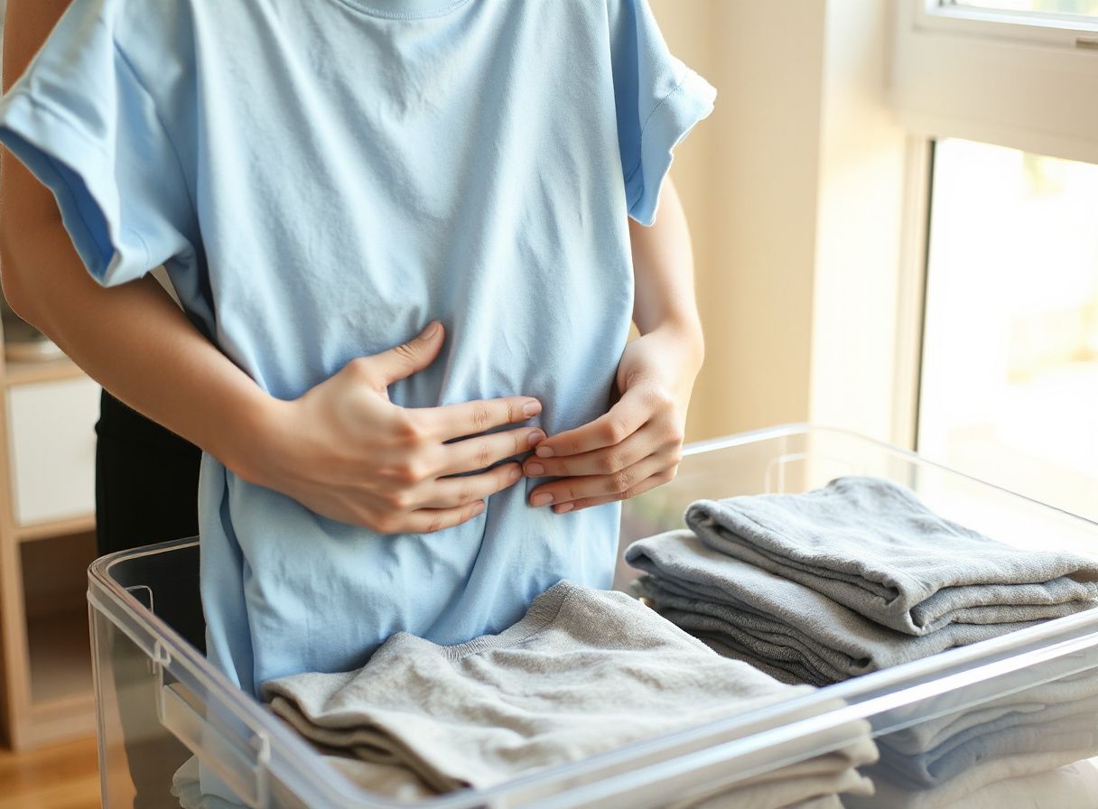 Manos plegando una camiseta azul en vertical dentro de una caja transparente