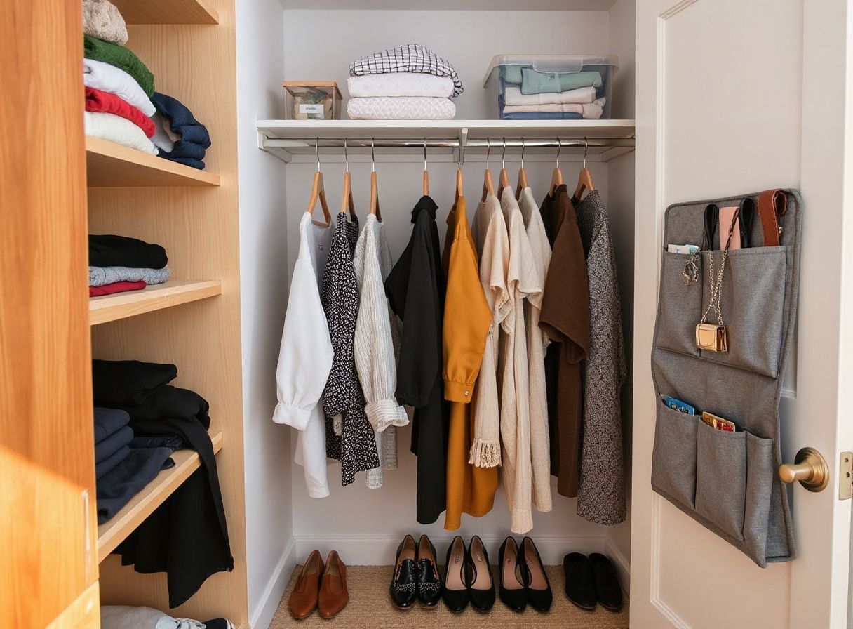 Armario pequeño perfectamente organizado con cajas, colgadores y zapatos ordenados