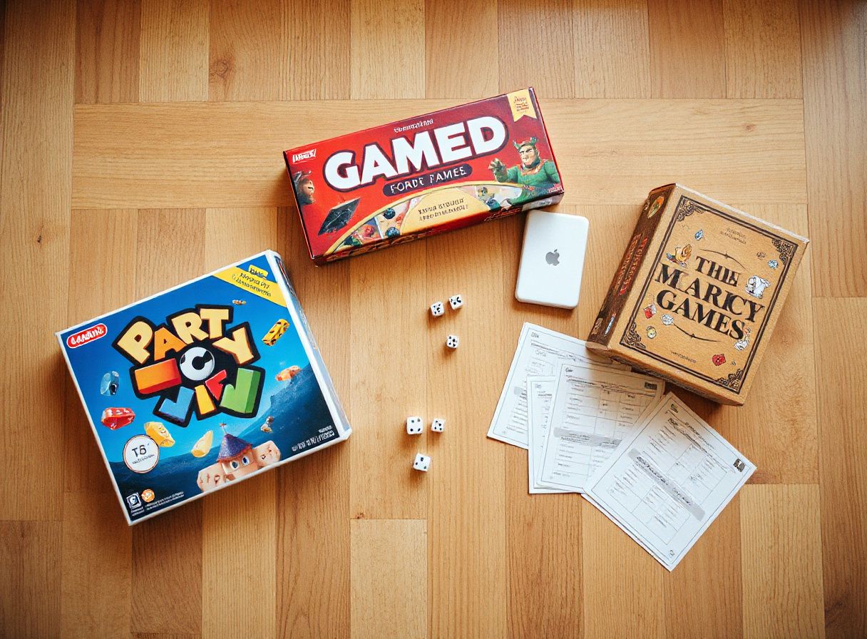 Selección de juegos de mesa variados sobre mesa de madera