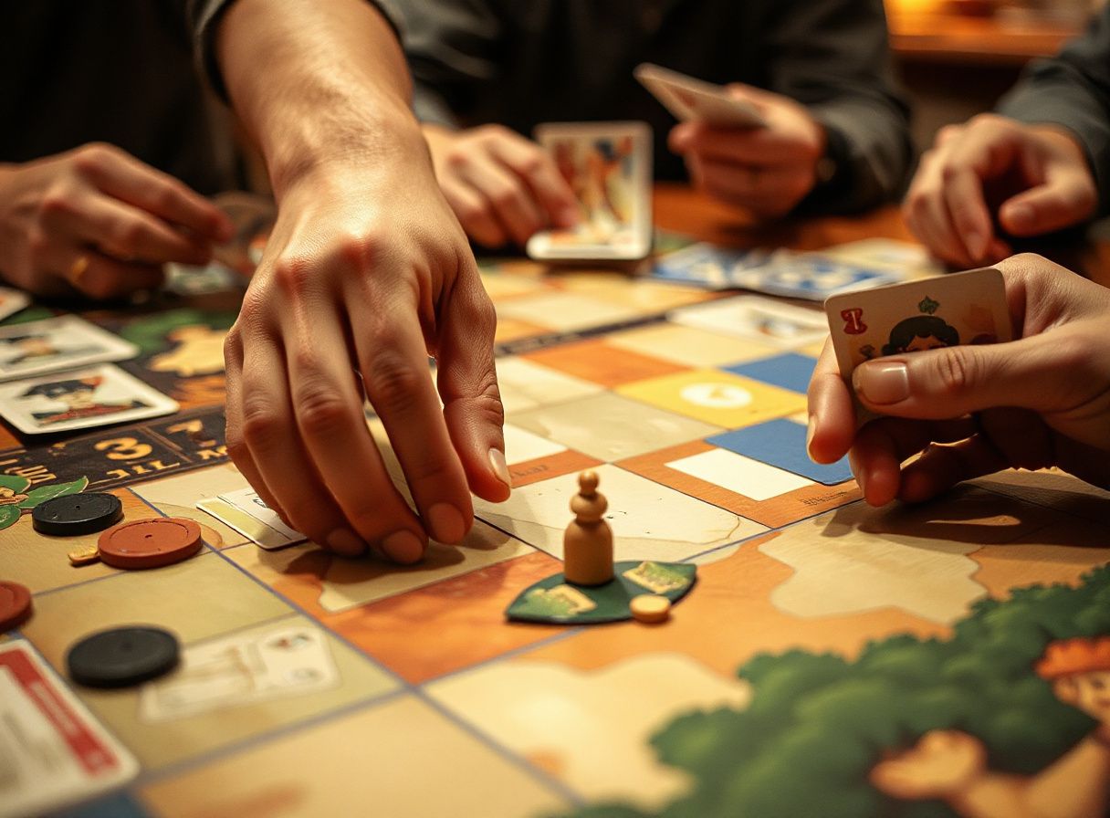 Mano colocando una ficha de juego sobre el tablero con cartas alrededor