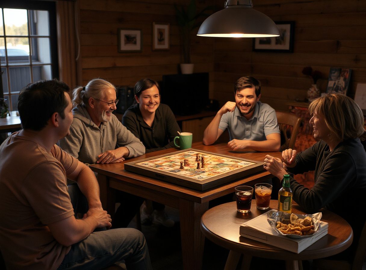 Grupo de adultos riendo y jugando un juego de mesa alrededor de la mesa