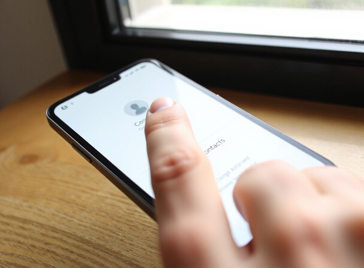 Mano tocando la pantalla del teléfono para sincronizar contactos
