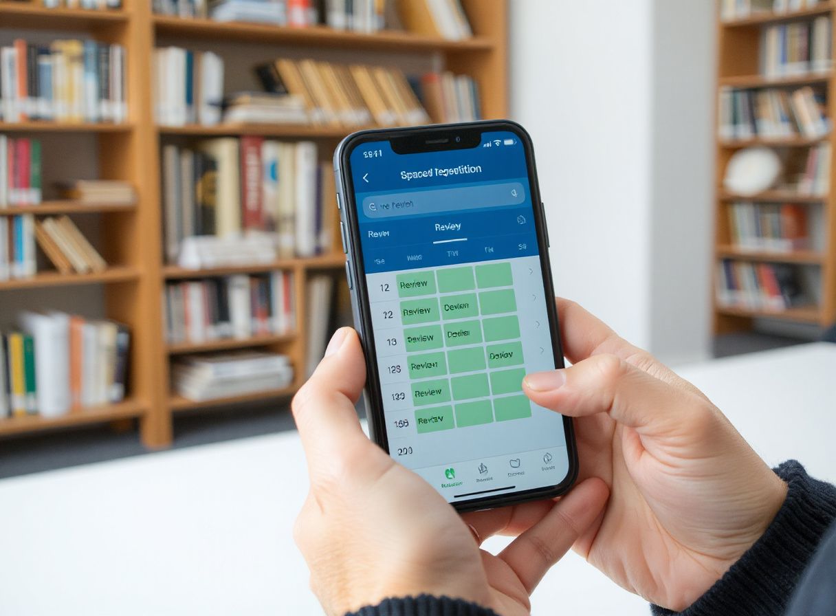 Manos sosteniendo móvil con calendario de repaso espaciado marcado en verde